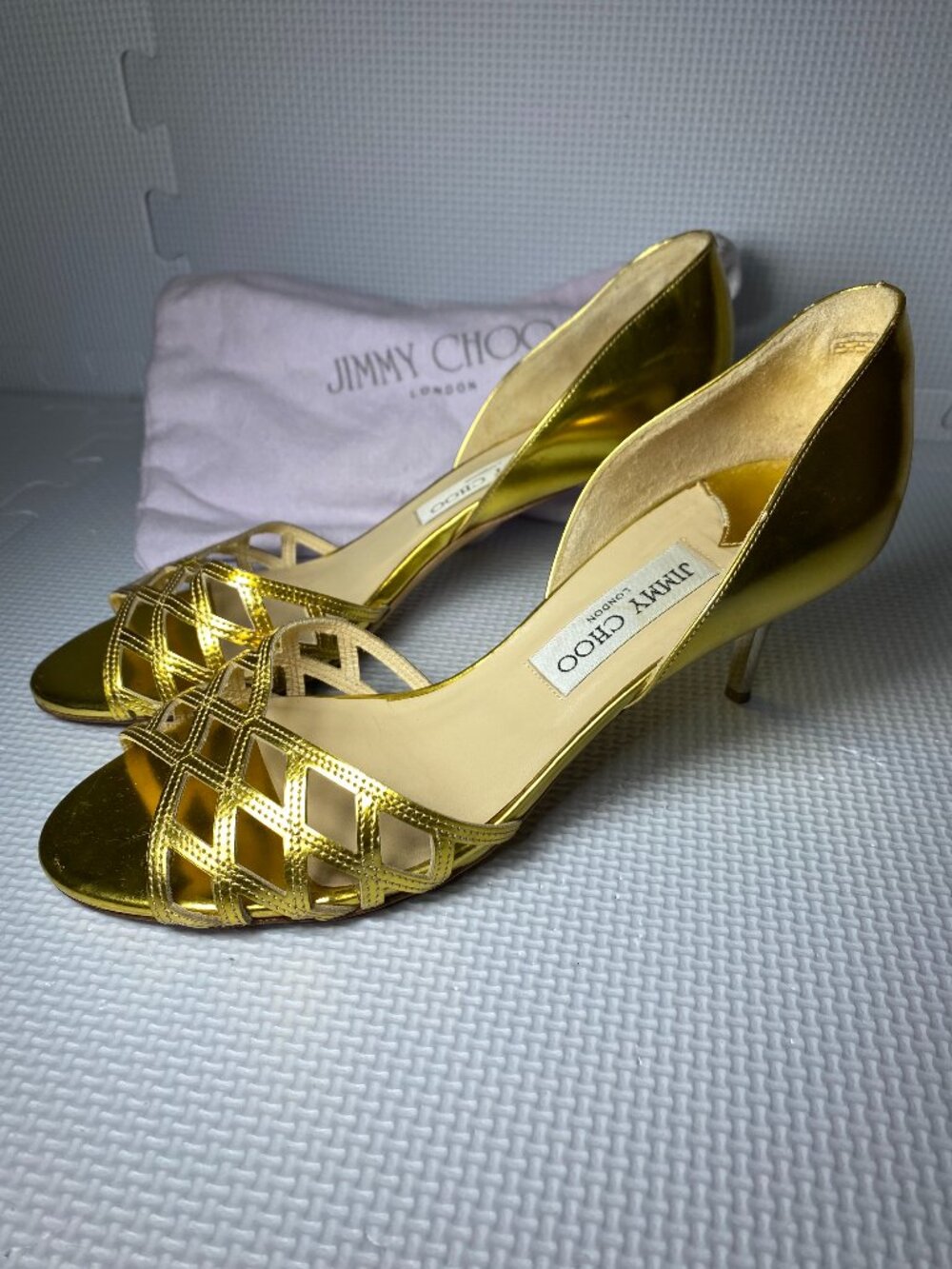 JIMMY CHOO Italy Metallic Gold Lattice D'Orsay Silver Kitten Heel Pumps 37.5 7.5